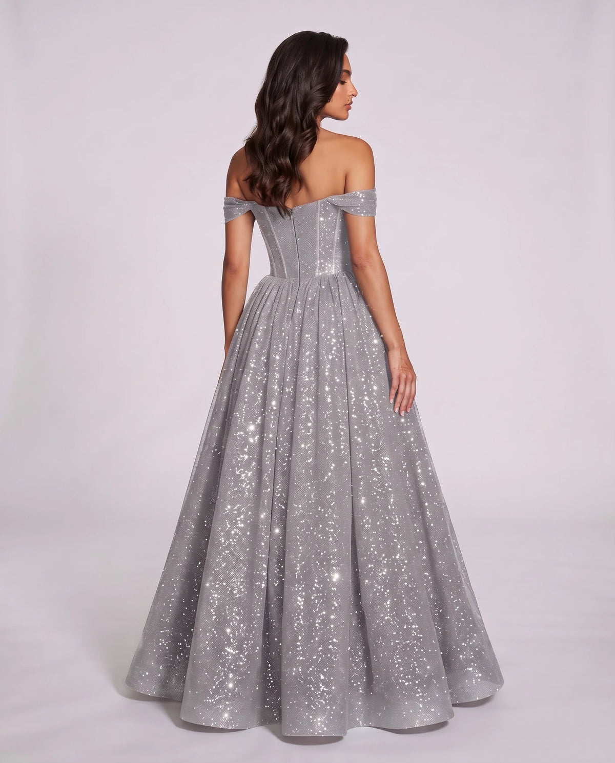 Silver Glitter Tulle Off-Shoulder Corset Ball Gown Maxi Dress | Ramblion | SKU: VMD-583194726408315-SILVER-L,VMD-583194726408315-SILVER-M,VMD-583194726408315-SILVER-S,VMD-583194726408315-SILVER-XL,VMD-583194726408315-SILVER-XS