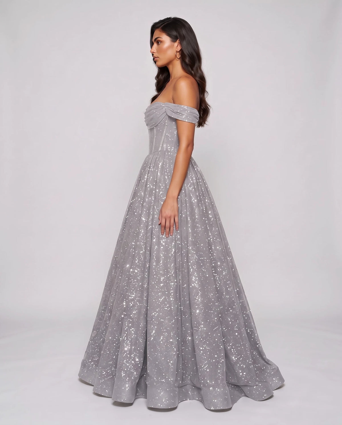 Silver Glitter Tulle Off-Shoulder Corset Ball Gown Maxi Dress | Ramblion | SKU: VMD-583194726408315-SILVER-L,VMD-583194726408315-SILVER-M,VMD-583194726408315-SILVER-S,VMD-583194726408315-SILVER-XL,VMD-583194726408315-SILVER-XS