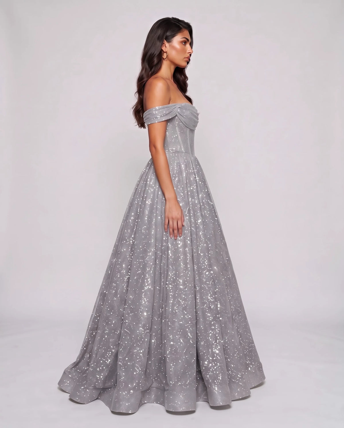 Silver Glitter Tulle Off-Shoulder Corset Ball Gown Maxi Dress | Ramblion | SKU: VMD-583194726408315-SILVER-L,VMD-583194726408315-SILVER-M,VMD-583194726408315-SILVER-S,VMD-583194726408315-SILVER-XL,VMD-583194726408315-SILVER-XS