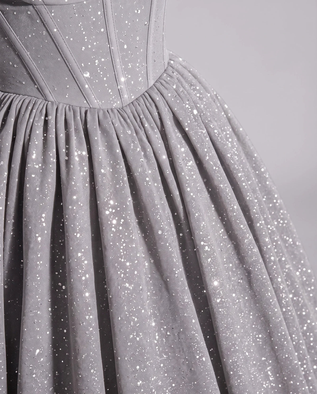 Silver Glitter Tulle Off-Shoulder Corset Ball Gown Maxi Dress | Ramblion | SKU: VMD-583194726408315-SILVER-L,VMD-583194726408315-SILVER-M,VMD-583194726408315-SILVER-S,VMD-583194726408315-SILVER-XL,VMD-583194726408315-SILVER-XS