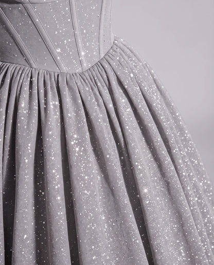 Silver Glitter Tulle Off-Shoulder Corset Ball Gown Maxi Dress | Ramblion | SKU: VMD-583194726408315-SILVER-L,VMD-583194726408315-SILVER-M,VMD-583194726408315-SILVER-S,VMD-583194726408315-SILVER-XL,VMD-583194726408315-SILVER-XS