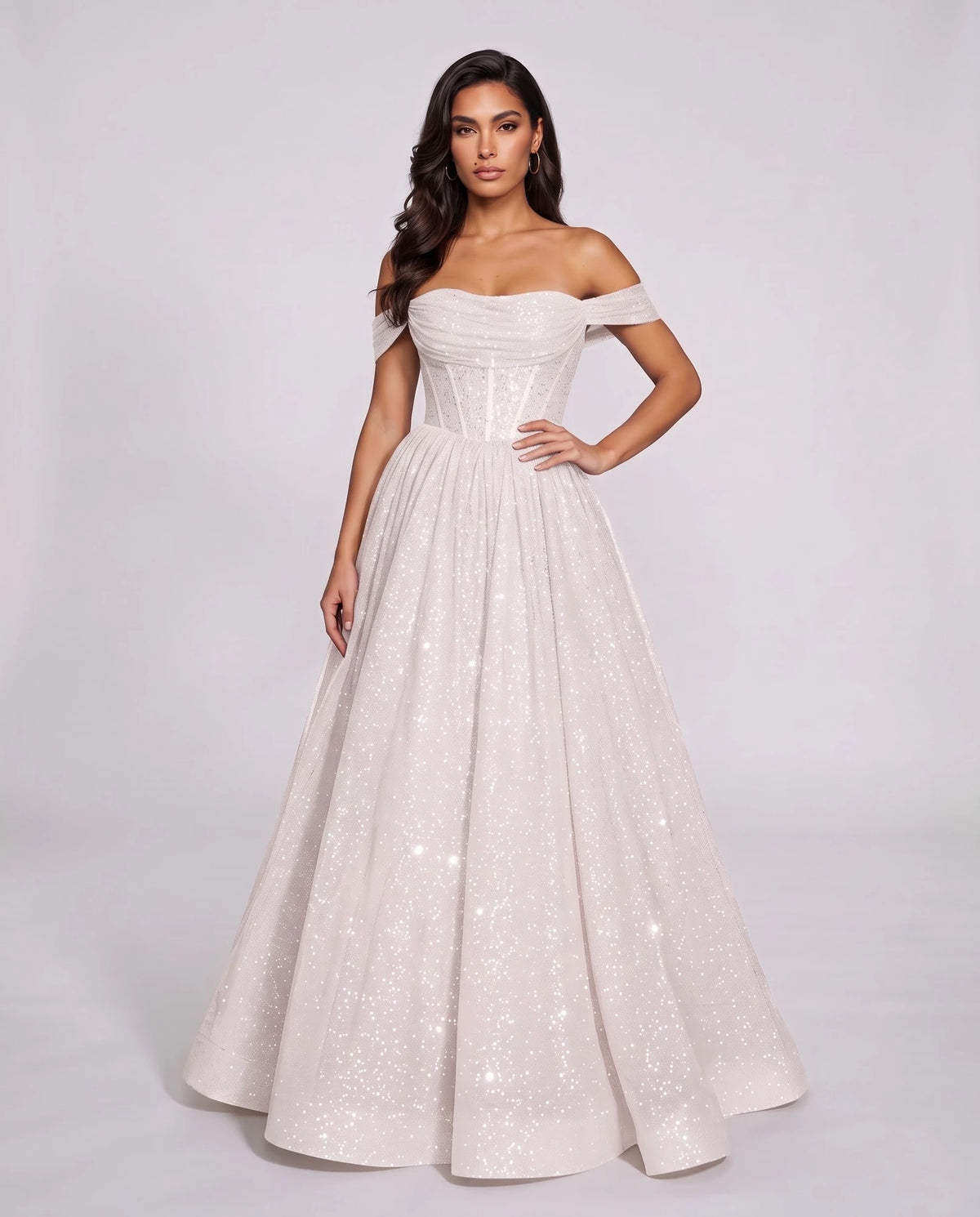 White Glitter Tulle Off-Shoulder Corset Ball Gown Maxi Dress | Ramblion | SKU: VMD-583194726408315-WHITE-L,VMD-583194726408315-WHITE-M,VMD-583194726408315-WHITE-S,VMD-583194726408315-WHITE-XL,VMD-583194726408315-WHITE-XS