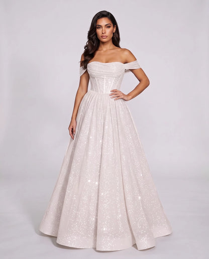 White Glitter Tulle Off-Shoulder Corset Ball Gown Maxi Dress | Ramblion | SKU: VMD-583194726408315-WHITE-L,VMD-583194726408315-WHITE-M,VMD-583194726408315-WHITE-S,VMD-583194726408315-WHITE-XL,VMD-583194726408315-WHITE-XS