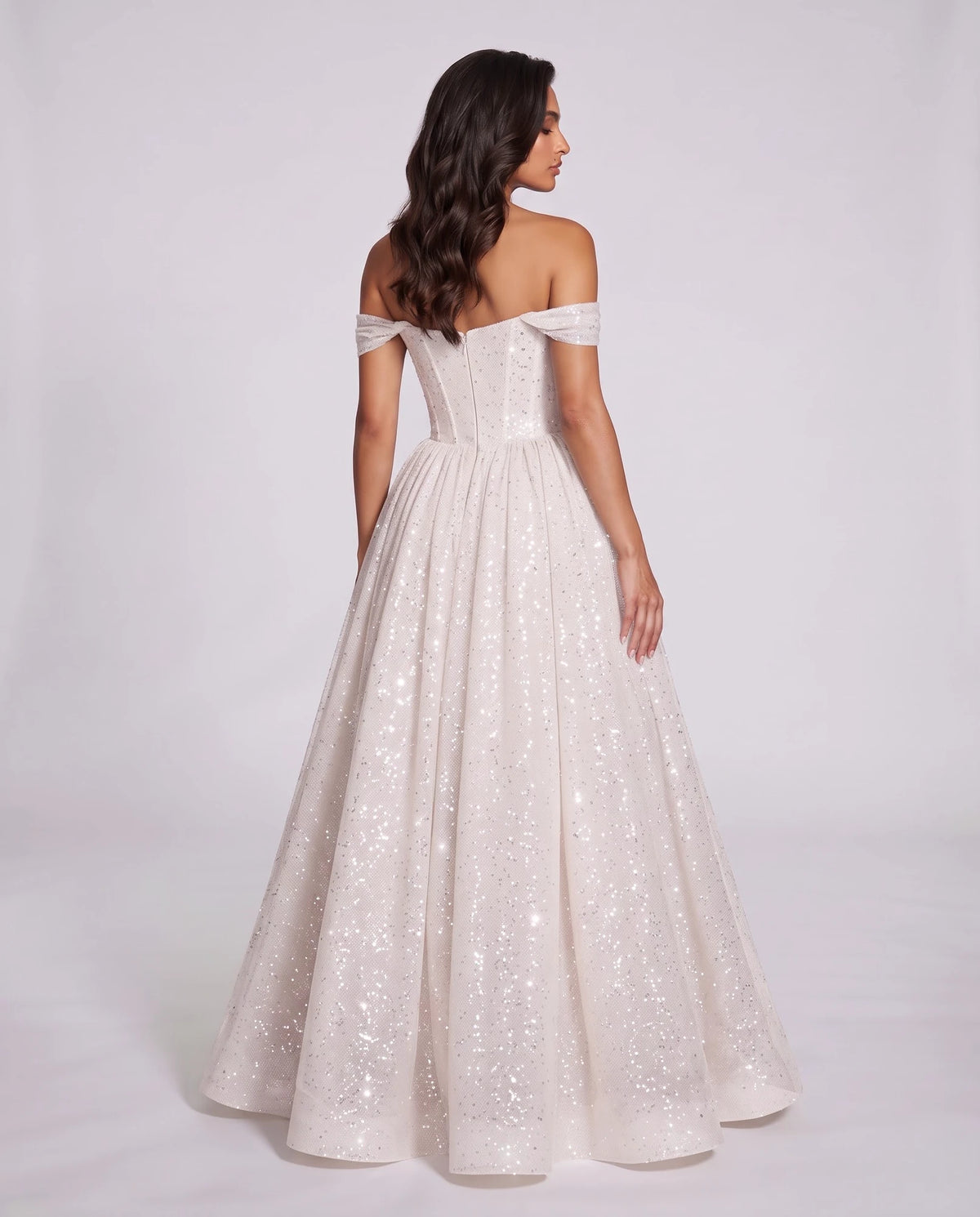 White Glitter Tulle Off-Shoulder Corset Ball Gown Maxi Dress | Ramblion | SKU: VMD-583194726408315-WHITE-L,VMD-583194726408315-WHITE-M,VMD-583194726408315-WHITE-S,VMD-583194726408315-WHITE-XL,VMD-583194726408315-WHITE-XS