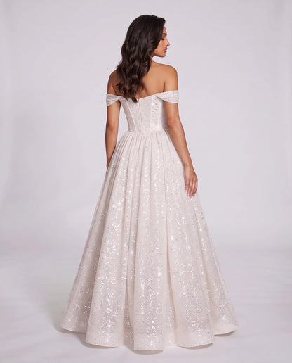 White Glitter Tulle Off-Shoulder Corset Ball Gown Maxi Dress | Ramblion | SKU: VMD-583194726408315-WHITE-L,VMD-583194726408315-WHITE-M,VMD-583194726408315-WHITE-S,VMD-583194726408315-WHITE-XL,VMD-583194726408315-WHITE-XS
