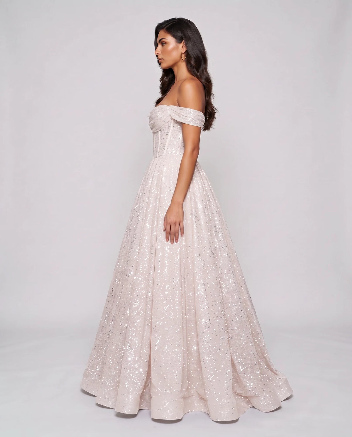 White Glitter Tulle Off-Shoulder Corset Ball Gown Maxi Dress | Ramblion | SKU: VMD-583194726408315-WHITE-L,VMD-583194726408315-WHITE-M,VMD-583194726408315-WHITE-S,VMD-583194726408315-WHITE-XL,VMD-583194726408315-WHITE-XS