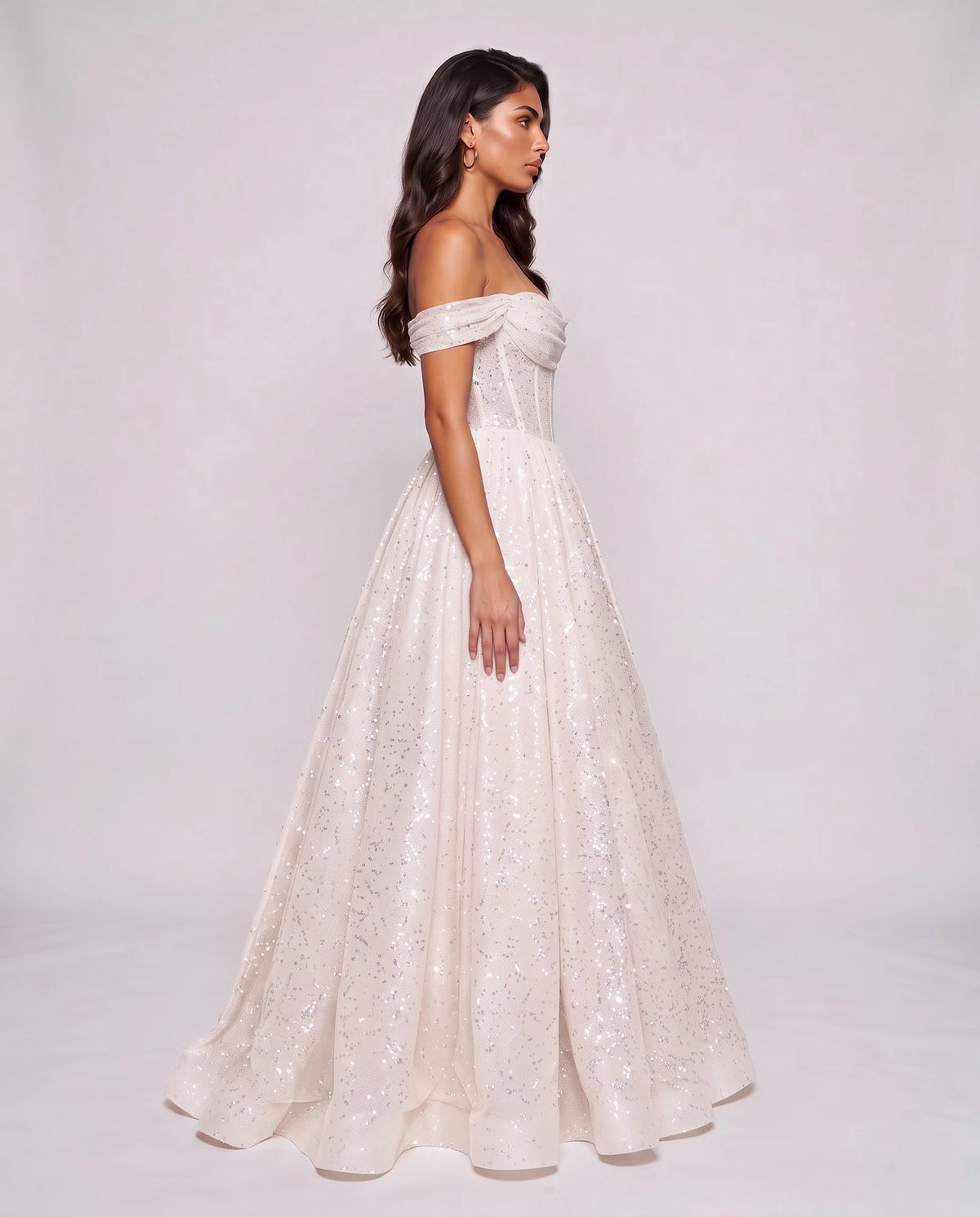 White Glitter Tulle Off-Shoulder Corset Ball Gown Maxi Dress | Ramblion | SKU: VMD-583194726408315-WHITE-L,VMD-583194726408315-WHITE-M,VMD-583194726408315-WHITE-S,VMD-583194726408315-WHITE-XL,VMD-583194726408315-WHITE-XS