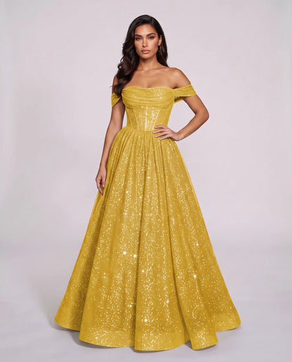 Yellow Glitter Tulle Off-Shoulder Corset Ball Gown Maxi Dress | Ramblion | SKU: VMD-583194726408315-YELLOW-L,VMD-583194726408315-YELLOW-M,VMD-583194726408315-YELLOW-S,VMD-583194726408315-YELLOW-XL,VMD-583194726408315-YELLOW-XS
