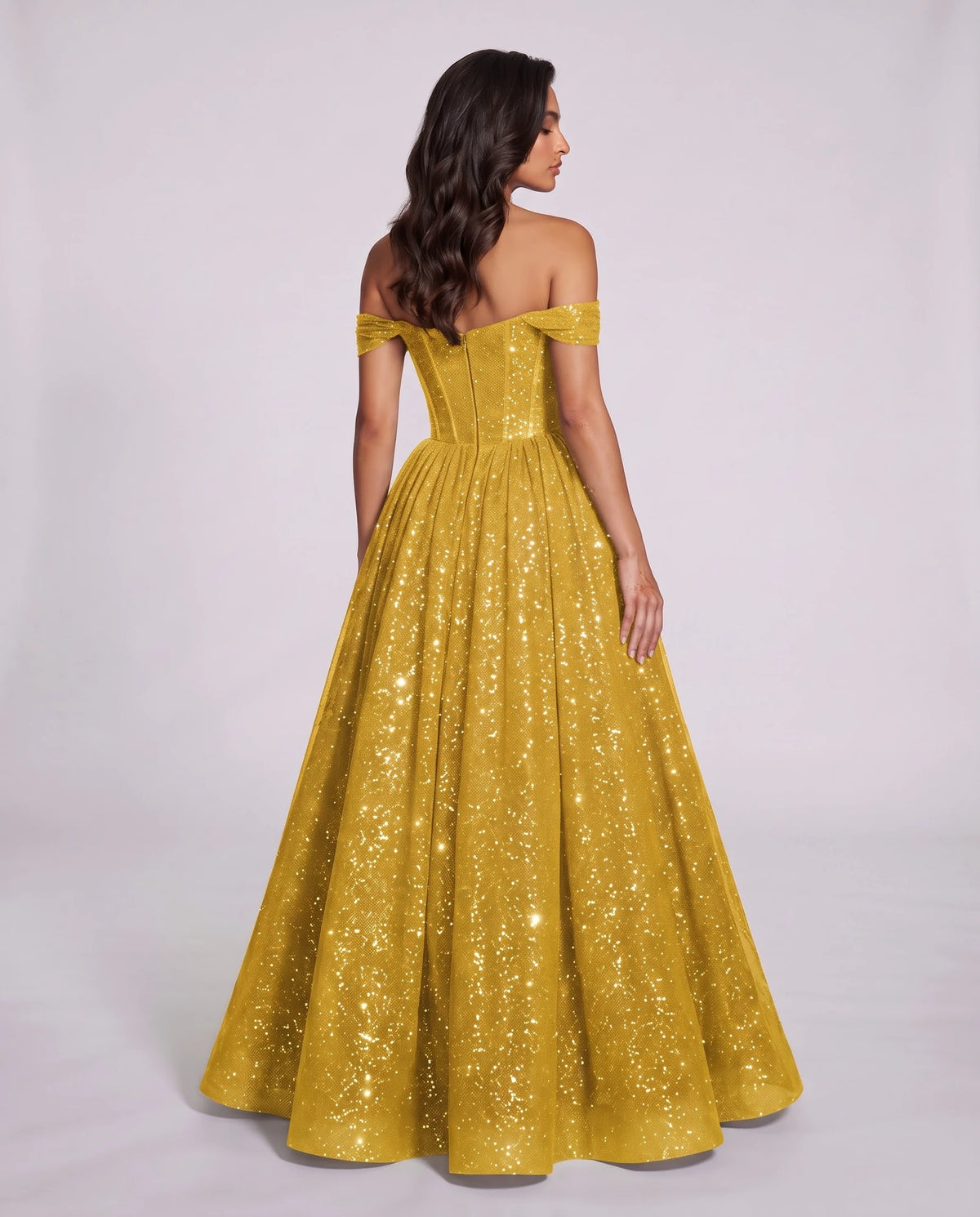 Yellow Glitter Tulle Off-Shoulder Corset Ball Gown Maxi Dress | Ramblion | SKU: VMD-583194726408315-YELLOW-L,VMD-583194726408315-YELLOW-M,VMD-583194726408315-YELLOW-S,VMD-583194726408315-YELLOW-XL,VMD-583194726408315-YELLOW-XS