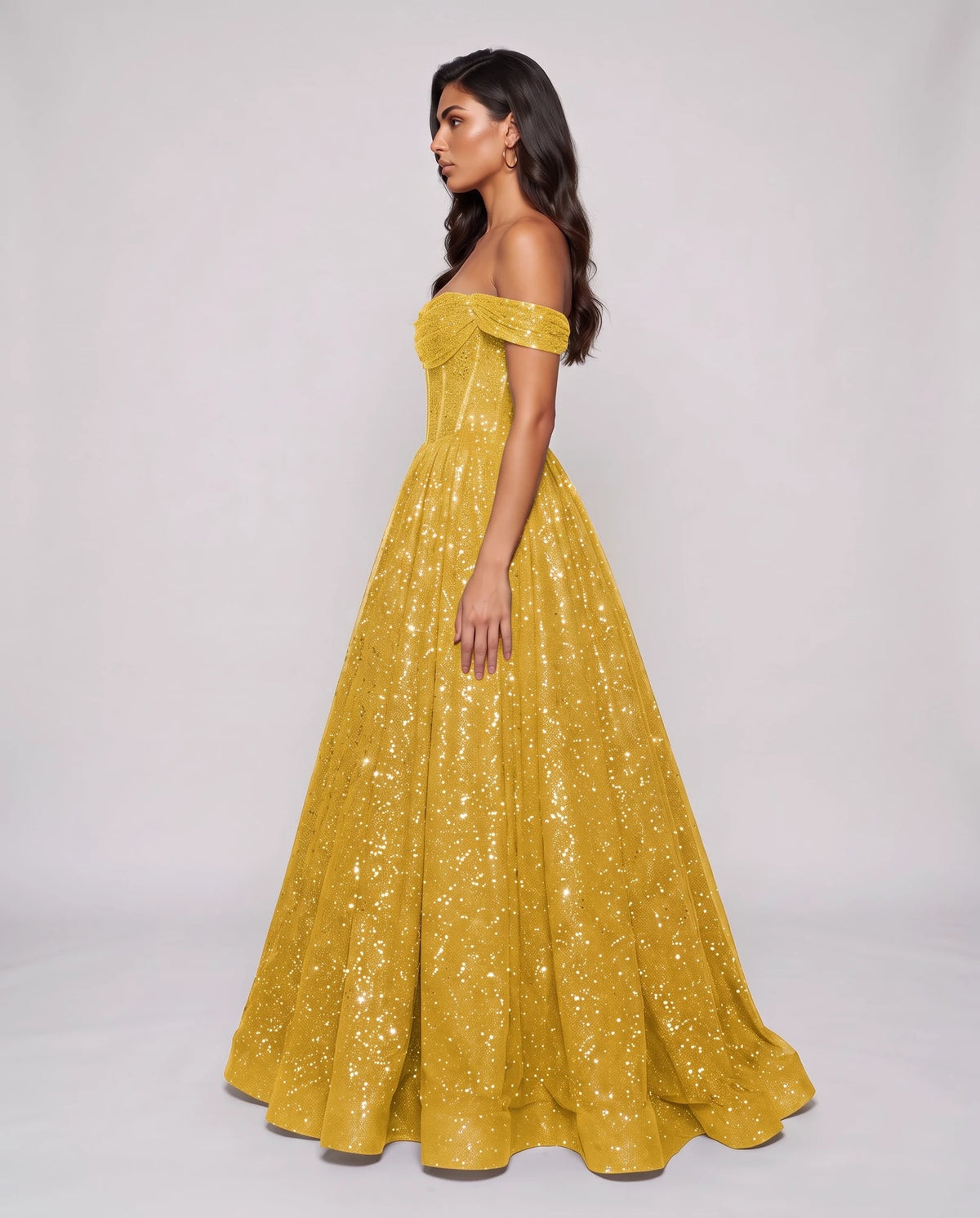 Yellow Glitter Tulle Off-Shoulder Corset Ball Gown Maxi Dress | Ramblion | SKU: VMD-583194726408315-YELLOW-L,VMD-583194726408315-YELLOW-M,VMD-583194726408315-YELLOW-S,VMD-583194726408315-YELLOW-XL,VMD-583194726408315-YELLOW-XS
