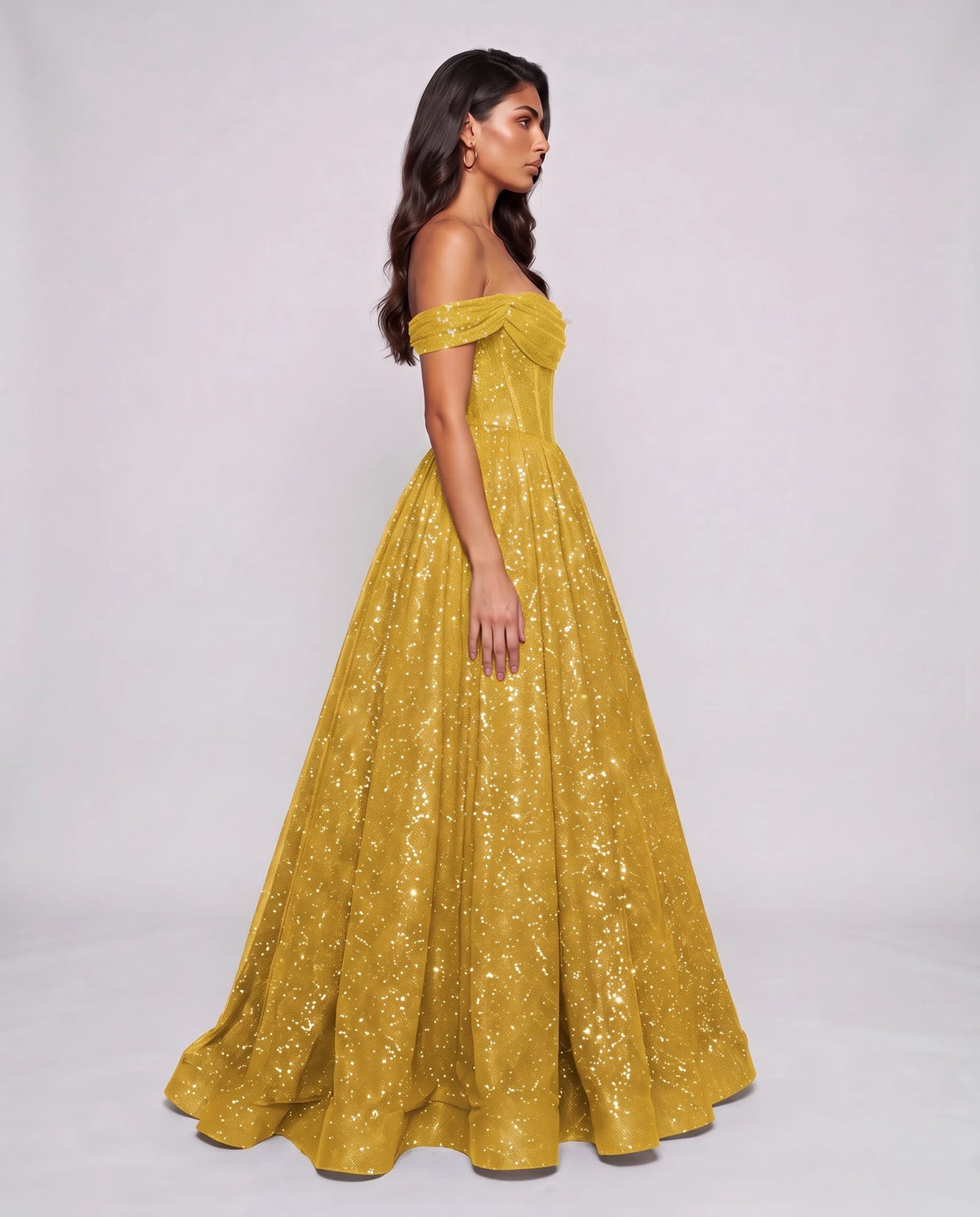 Yellow Glitter Tulle Off-Shoulder Corset Ball Gown Maxi Dress | Ramblion | SKU: VMD-583194726408315-YELLOW-L,VMD-583194726408315-YELLOW-M,VMD-583194726408315-YELLOW-S,VMD-583194726408315-YELLOW-XL,VMD-583194726408315-YELLOW-XS