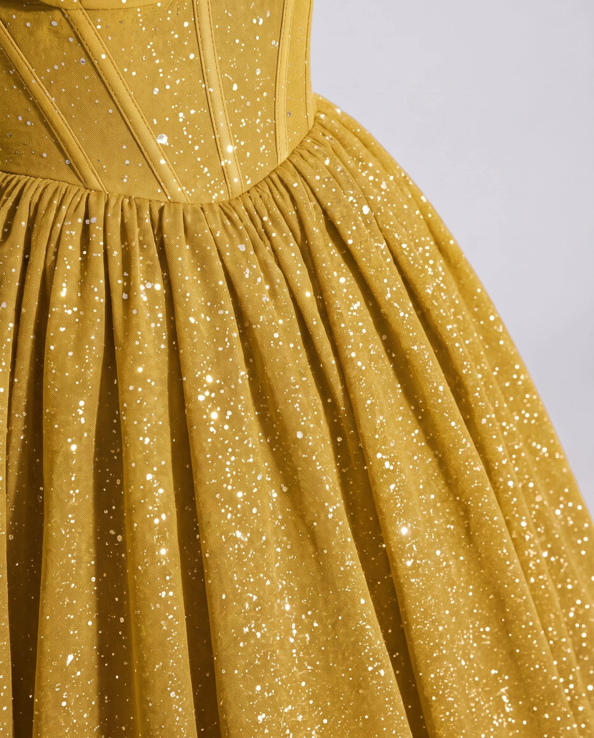 Yellow Glitter Tulle Off-Shoulder Corset Ball Gown Maxi Dress | Ramblion | SKU: VMD-583194726408315-YELLOW-L,VMD-583194726408315-YELLOW-M,VMD-583194726408315-YELLOW-S,VMD-583194726408315-YELLOW-XL,VMD-583194726408315-YELLOW-XS