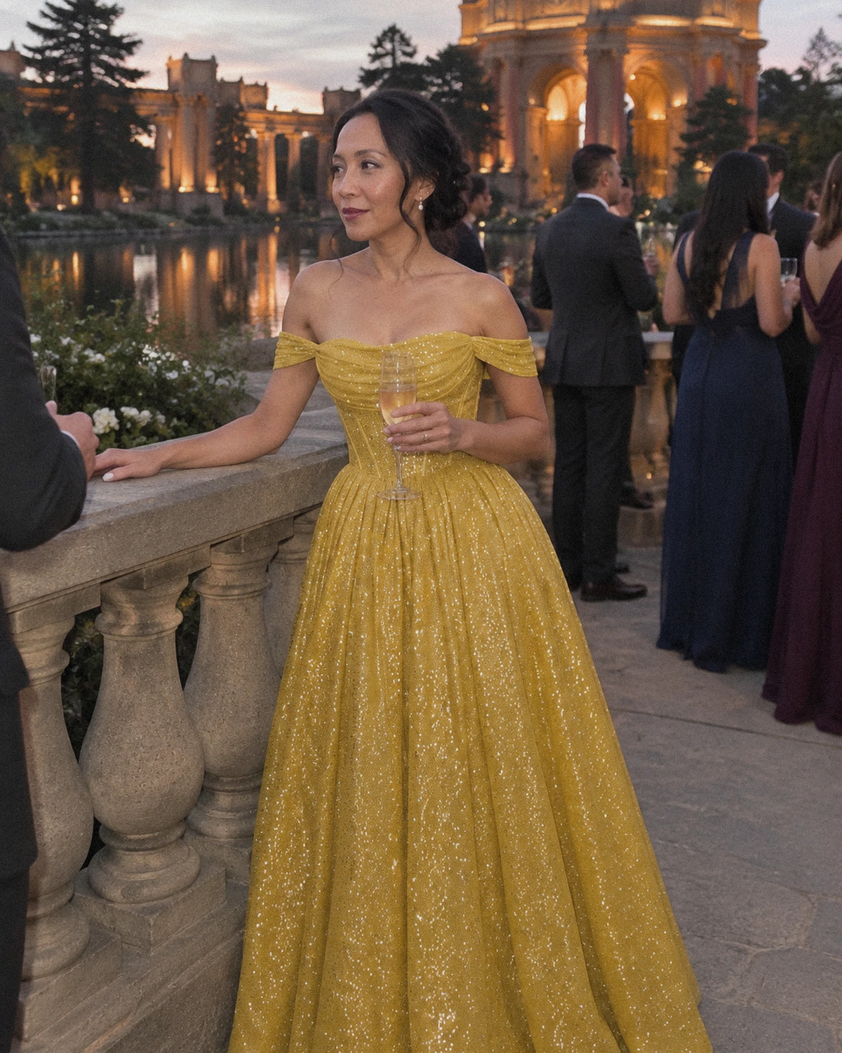 Yellow Glitter Tulle Off-Shoulder Corset Ball Gown Maxi Dress | Ramblion | SKU: VMD-583194726408315-YELLOW-L,VMD-583194726408315-YELLOW-M,VMD-583194726408315-YELLOW-S,VMD-583194726408315-YELLOW-XL,VMD-583194726408315-YELLOW-XS