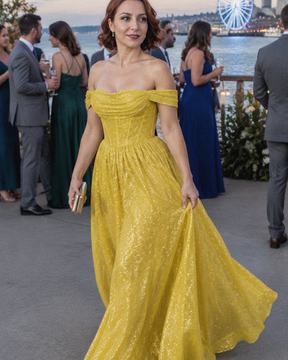 Yellow Glitter Tulle Off-Shoulder Corset Ball Gown Maxi Dress | Ramblion | SKU: VMD-583194726408315-YELLOW-L,VMD-583194726408315-YELLOW-M,VMD-583194726408315-YELLOW-S,VMD-583194726408315-YELLOW-XL,VMD-583194726408315-YELLOW-XS