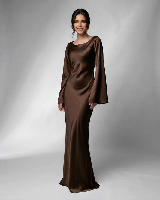Voa Maxi Dress by RAMBLION, elegant brown satin gown with bell sleeves, perfect for formal occasions.