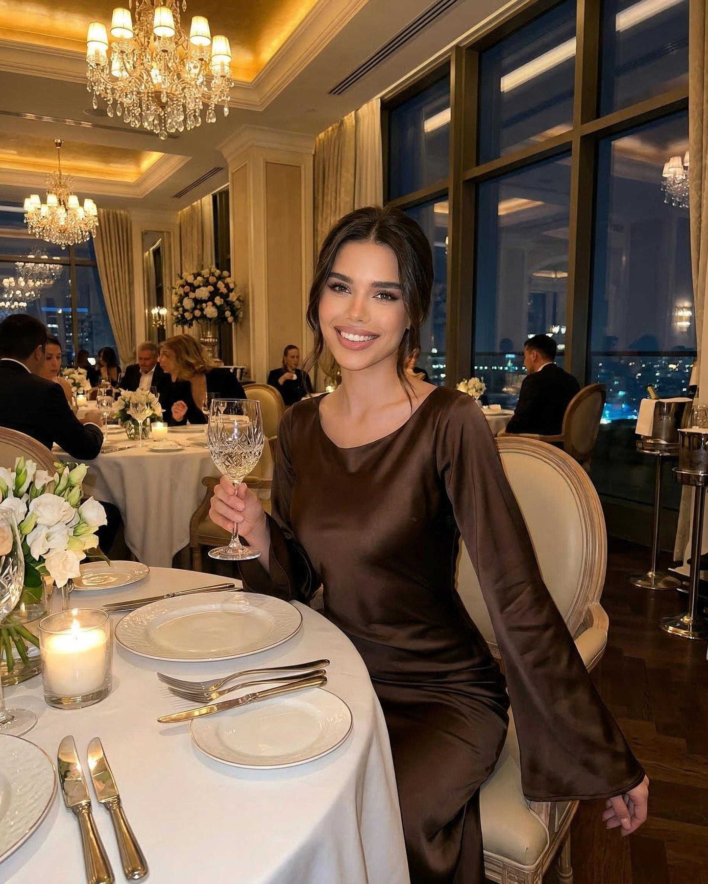 Chocolate Satin Bodycon Round Neck Sleeveless Maxi Dress | Prom & Cocktail Parties, lifestyle shot | Ramblion | SKU: TMD-571839204-chocolate-L-4420,TMD-571839204-chocolate-M-6947,TMD-571839204-chocolate-S-5546,TMD-571839204-chocolate-XL-8724,TMD-571839204-chocolate-XS-2282