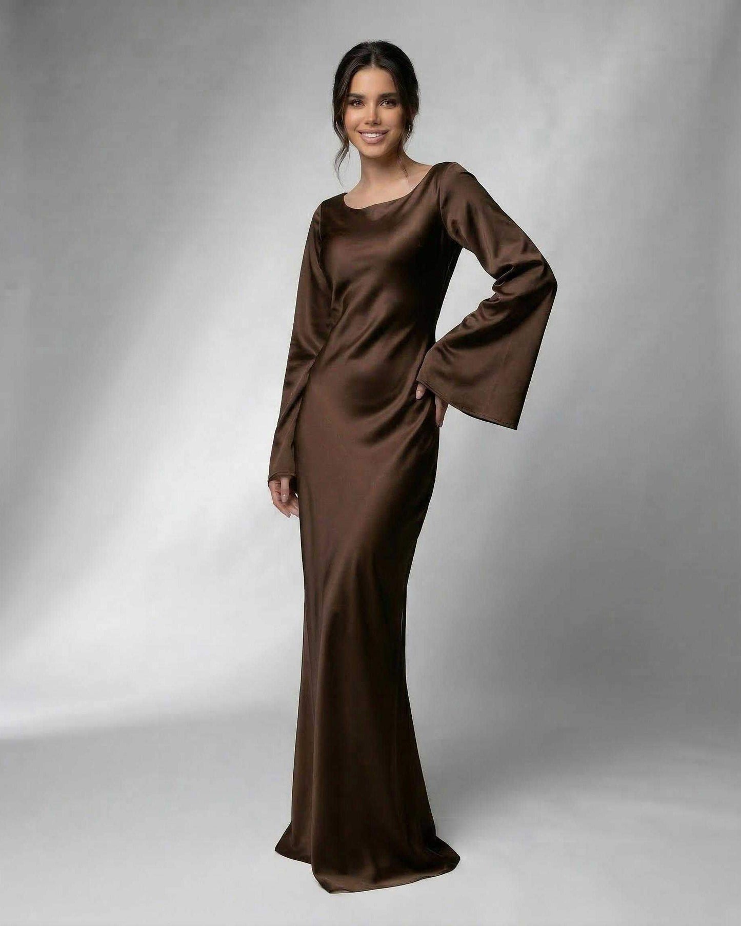 Chocolate Satin Bodycon Round Neck Sleeveless Maxi Dress | Prom & Cocktail Parties, front view | Ramblion | SKU: TMD-571839204-chocolate-L-4420,TMD-571839204-chocolate-M-6947,TMD-571839204-chocolate-S-5546,TMD-571839204-chocolate-XL-8724,TMD-571839204-chocolate-XS-2282