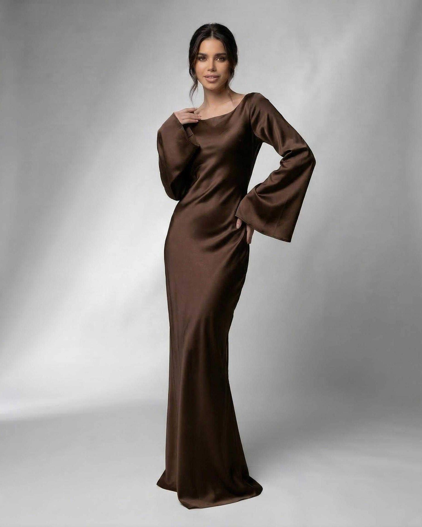 Chocolate Satin Bodycon Round Neck Sleeveless Maxi Dress | Prom & Cocktail Parties, front view | Ramblion | SKU: TMD-571839204-chocolate-L-4420,TMD-571839204-chocolate-M-6947,TMD-571839204-chocolate-S-5546,TMD-571839204-chocolate-XL-8724,TMD-571839204-chocolate-XS-2282