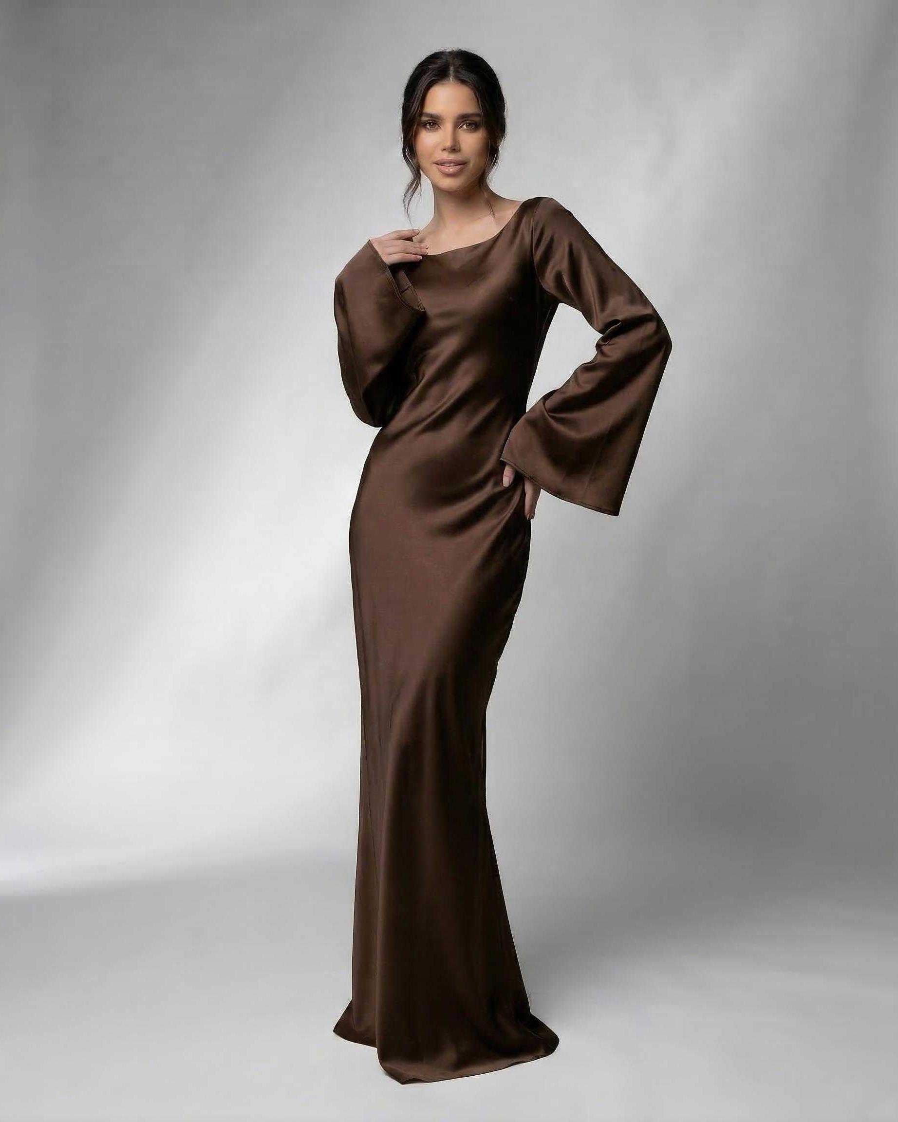 Chocolate Satin Bodycon Round Neck Sleeveless Maxi Dress | Prom & Cocktail Parties, front view | Ramblion | SKU: TMD-571839204-chocolate-L-4420,TMD-571839204-chocolate-M-6947,TMD-571839204-chocolate-S-5546,TMD-571839204-chocolate-XL-8724,TMD-571839204-chocolate-XS-2282