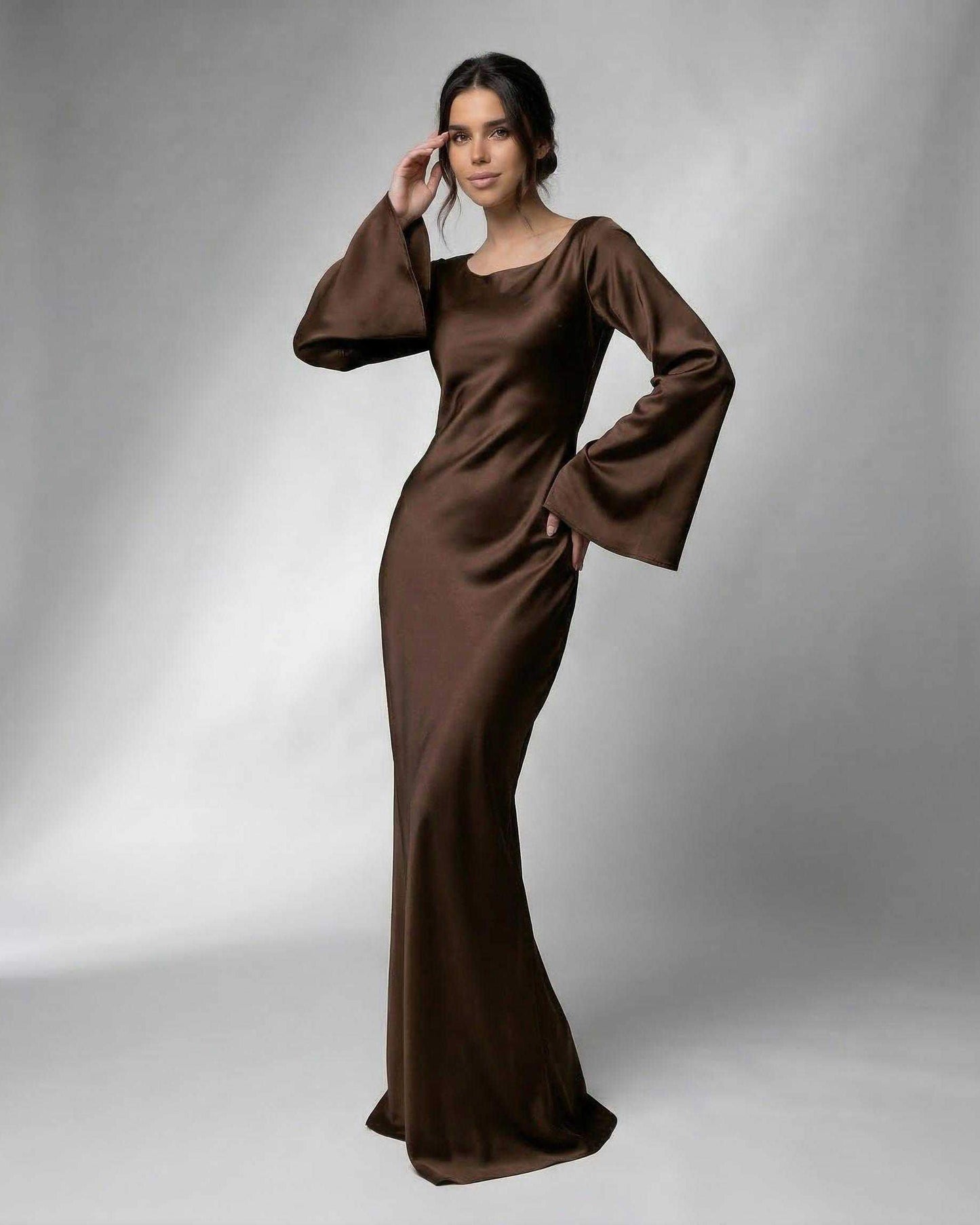 Chocolate Satin Bodycon Round Neck Sleeveless Maxi Dress | Prom & Cocktail Parties, front view | Ramblion | SKU: TMD-571839204-chocolate-L-4420,TMD-571839204-chocolate-M-6947,TMD-571839204-chocolate-S-5546,TMD-571839204-chocolate-XL-8724,TMD-571839204-chocolate-XS-2282
