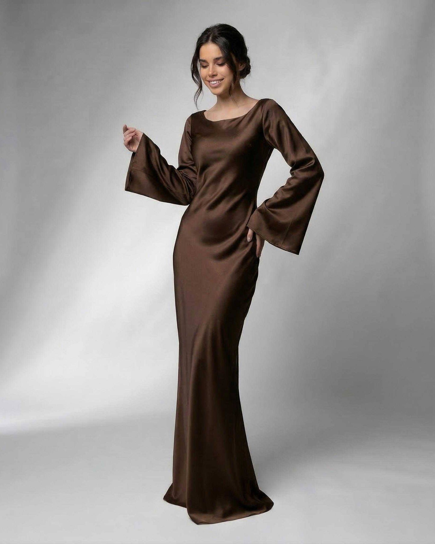 Chocolate Satin Bodycon Round Neck Sleeveless Maxi Dress | Prom & Cocktail Parties, front view | Ramblion | SKU: TMD-571839204-chocolate-L-4420,TMD-571839204-chocolate-M-6947,TMD-571839204-chocolate-S-5546,TMD-571839204-chocolate-XL-8724,TMD-571839204-chocolate-XS-2282