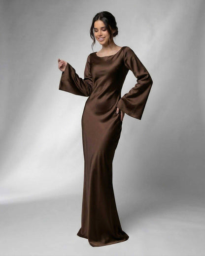 Chocolate Satin Bodycon Round Neck Sleeveless Maxi Dress | Prom & Cocktail Parties, front view | Ramblion | SKU: TMD-571839204-chocolate-L-4420,TMD-571839204-chocolate-M-6947,TMD-571839204-chocolate-S-5546,TMD-571839204-chocolate-XL-8724,TMD-571839204-chocolate-XS-2282