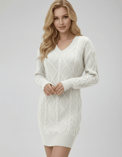 Voile Mini Dress by RAMBLION, featuring V-neck, cable-knit texture, and timeless white hue for a sophisticated look.