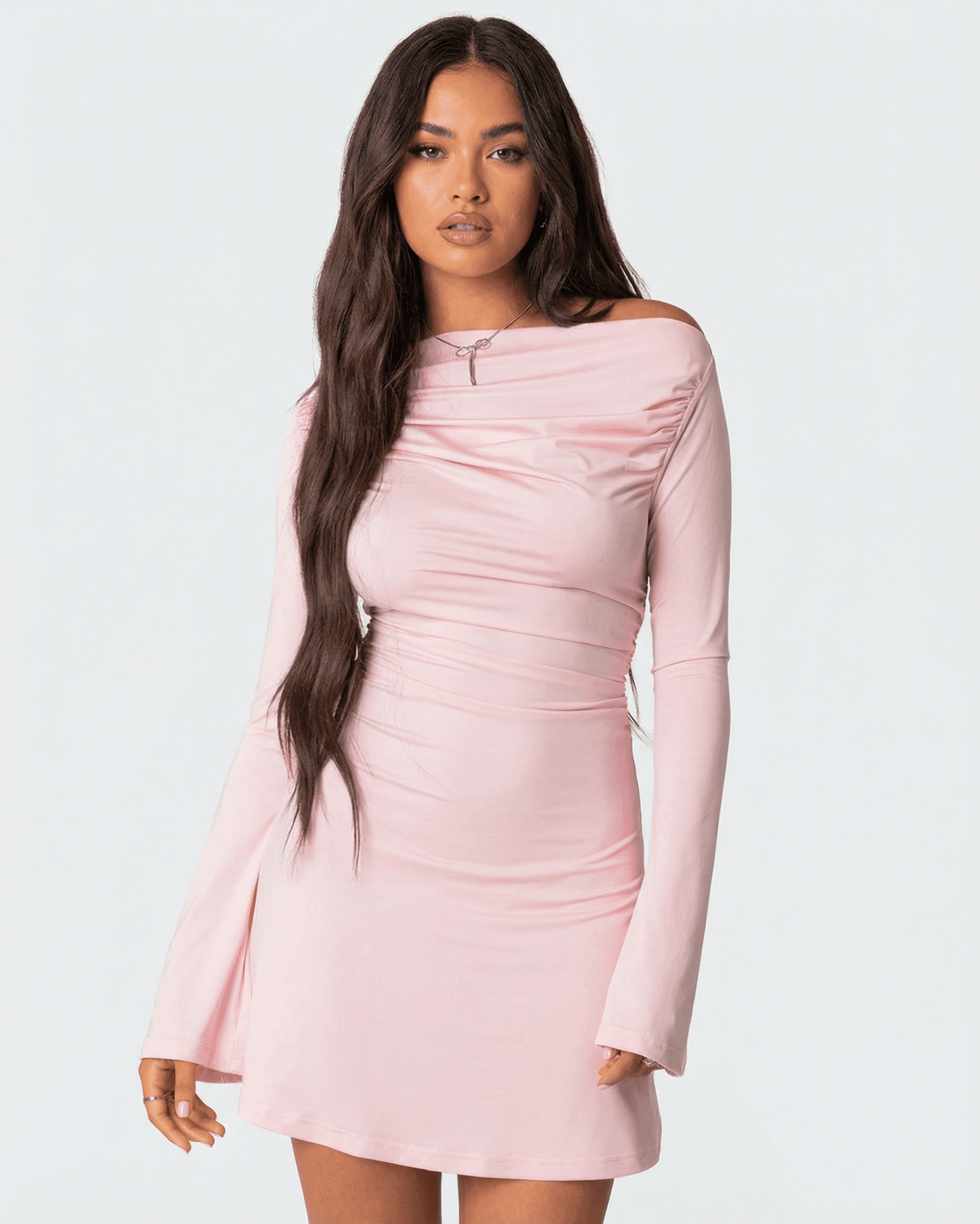 Vona Mini Dress by RAMBLION, soft pink, 100% cotton, round neck, chic for casual outings.