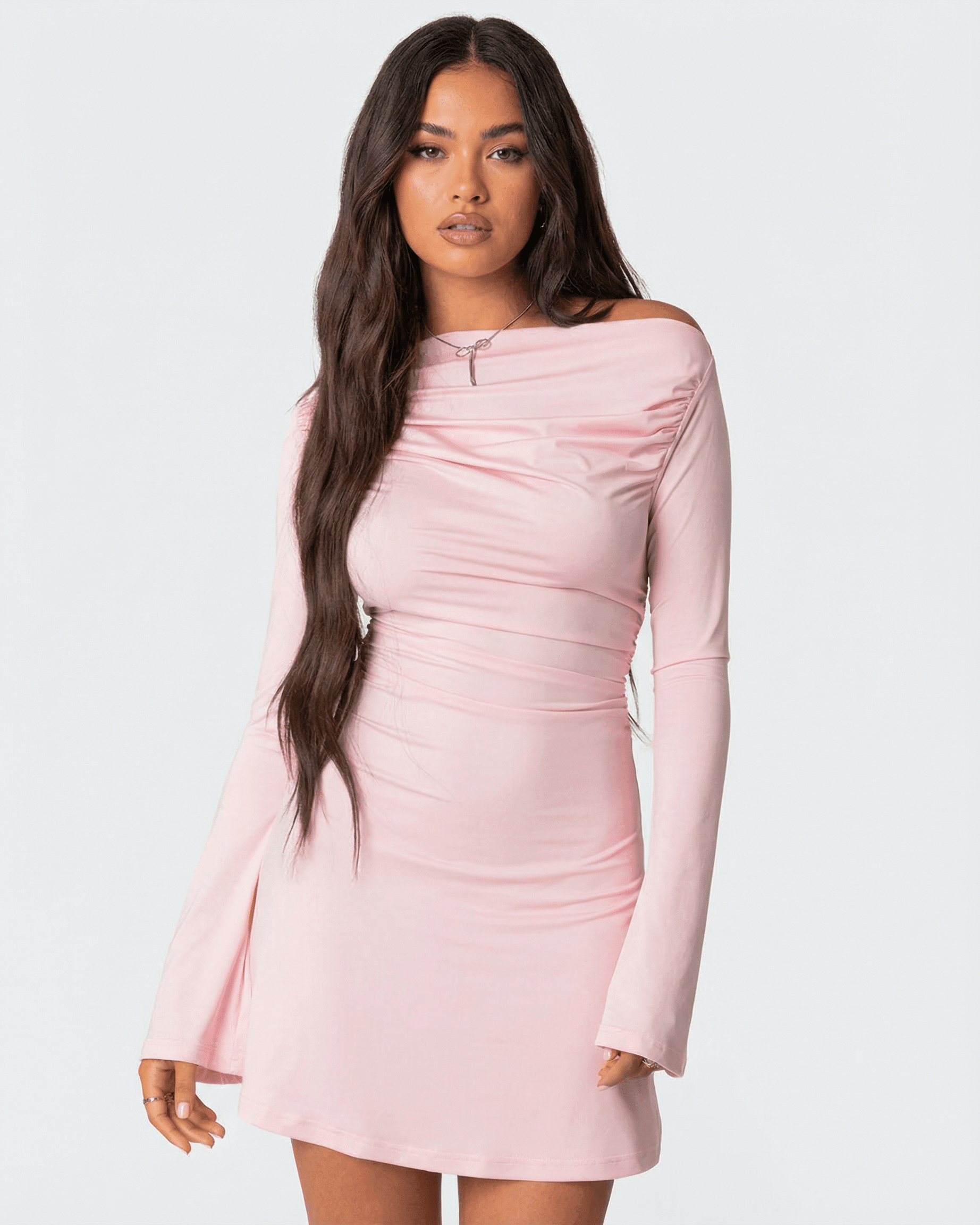 Vona Mini Dress by RAMBLION, soft pink, 100% cotton, round neck, chic for casual outings.