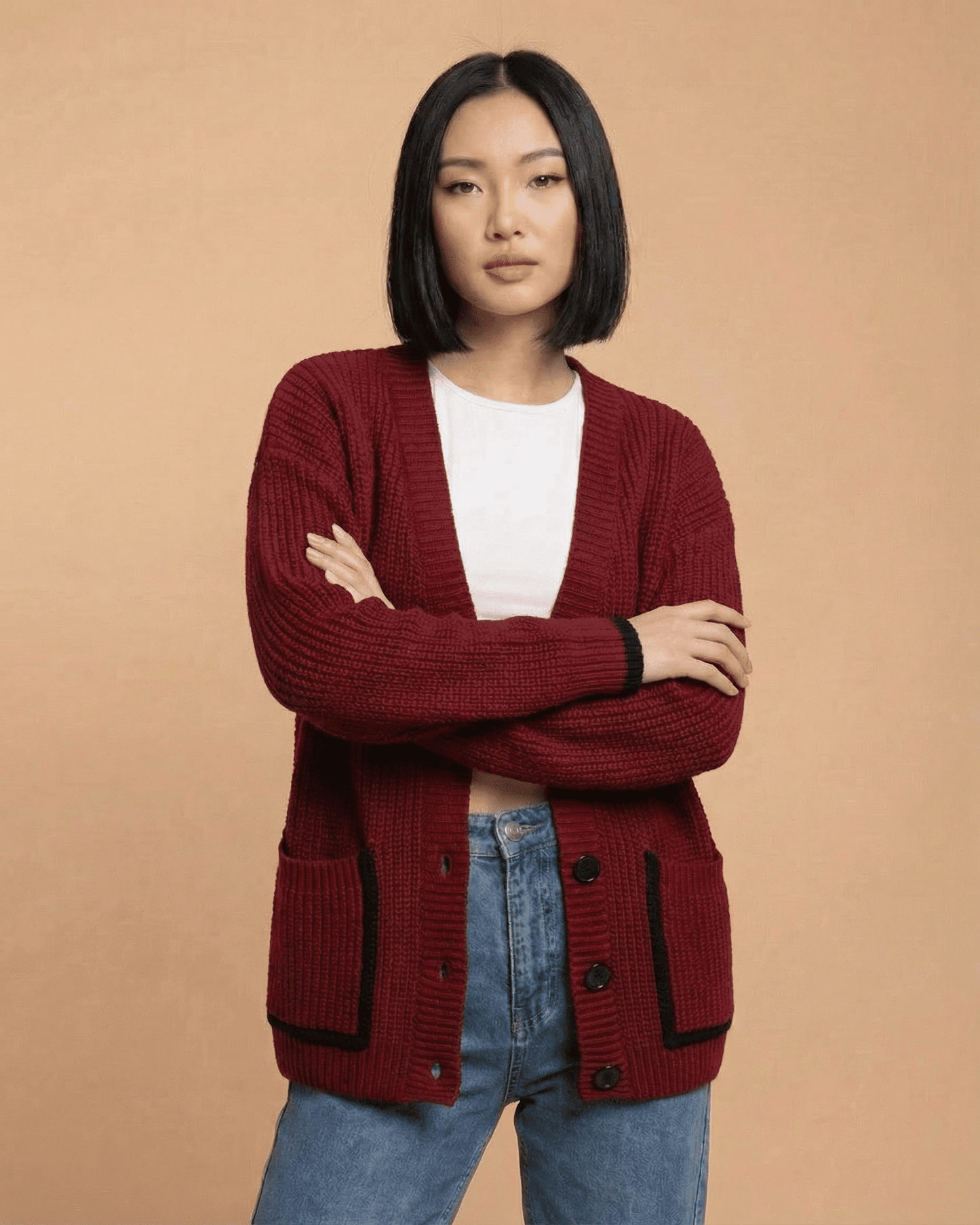 Voya Cardigan by RAMBLION, featuring red color, V-neck, cozy fit, perfect for layering and everyday wear.