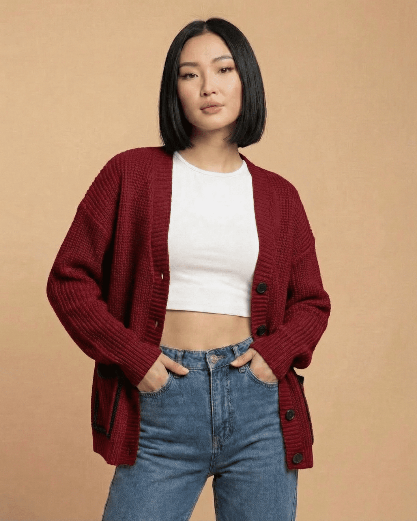 Voya Cardigan by RAMBLION, red knitted cardigan with a relaxed fit, perfect for layering and everyday comfort.