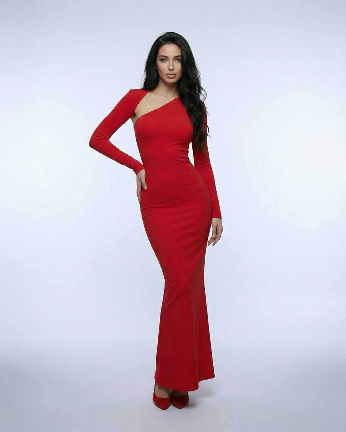 Wafa Maxi Dress in red, featuring a modern diagonal collar and full sleeves, perfect for special occasions by RAMBLION.