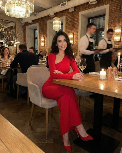 Wafa Maxi Dress in striking red, perfect for special occasions with a modern design, by RAMBLION.