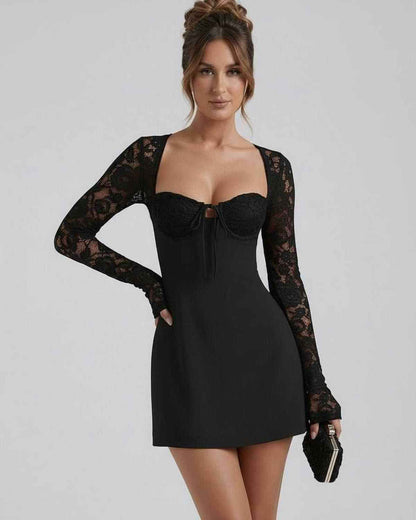Wafa Mini Dress featuring lace sleeves, square neckline, and luxurious feel, perfect for any sophisticated occasion by RAMBLION.