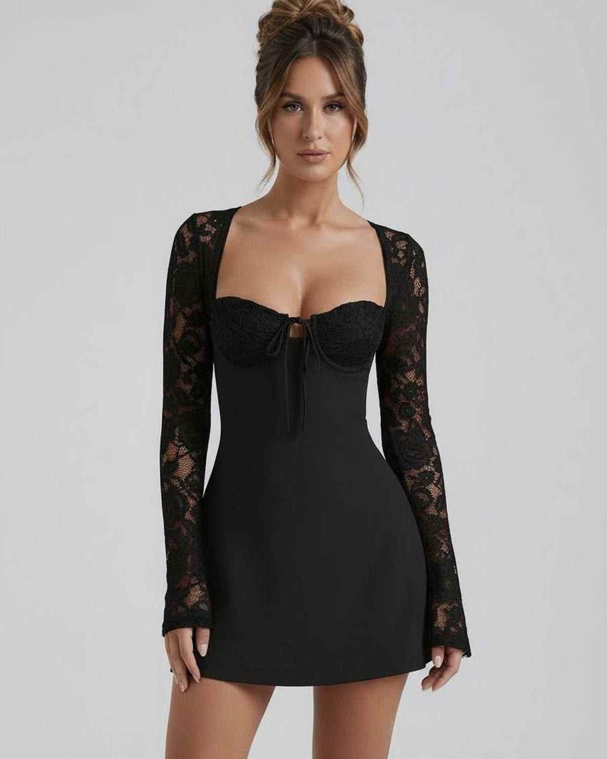 Wafa Mini Dress featuring elegant square neckline, floral lace sleeves, and luxury satin finish by RAMBLION.