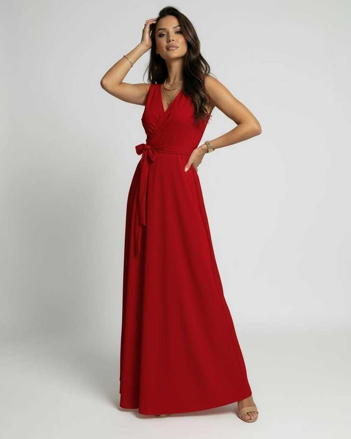 Wafu Maxi Dress in vibrant red, elegant V-neck, comfortable satin fabric, perfect for special occasions, by RAMBLION.