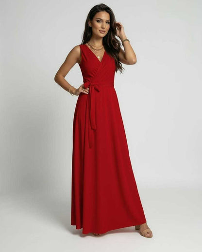 Wafu Maxi Dress in radiant red, V-neck design, flowing maxi length, elegant style by RAMBLION.