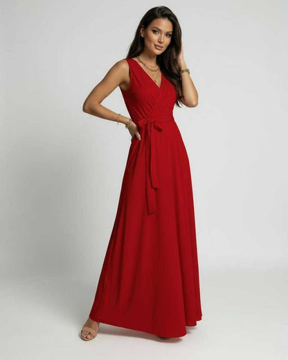 Wafu Maxi Dress in red, elegant V-neck design perfect for special occasions, by RAMBLION.