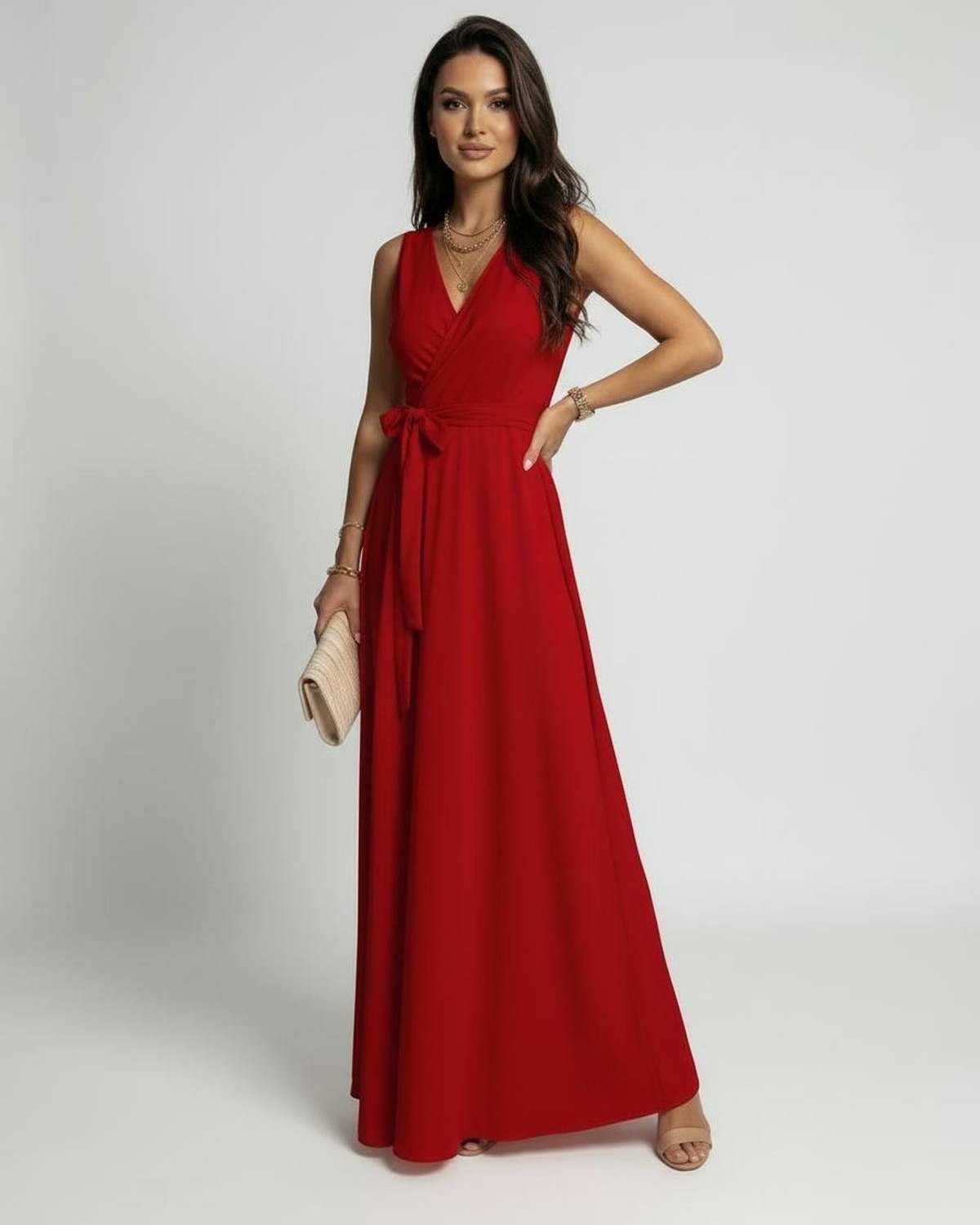 Wafu Maxi Dress in red, V neck design, ankle-length, elegant fit for special occasions, by RAMBLION.
