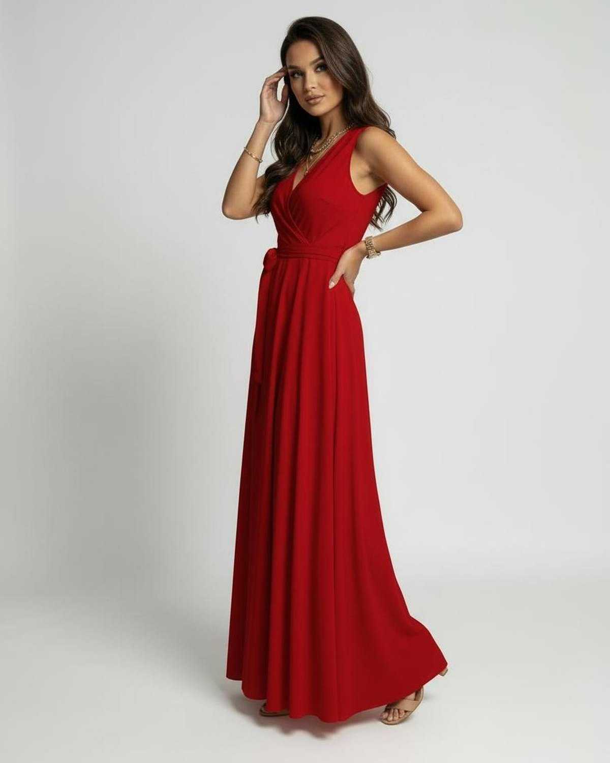 Wafu Maxi Dress showcasing elegant red ankle-length satin design, perfect for special occasions by RAMBLION.