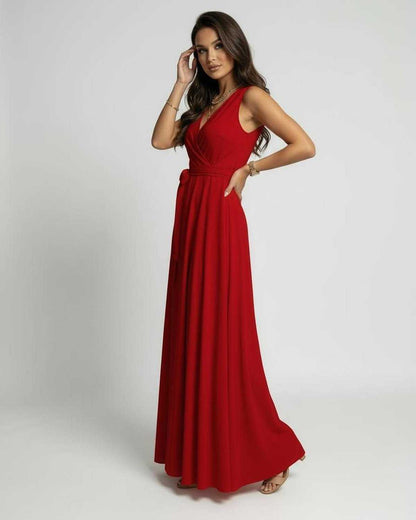 Wafu Maxi Dress showcasing elegant red ankle-length satin design, perfect for special occasions by RAMBLION.