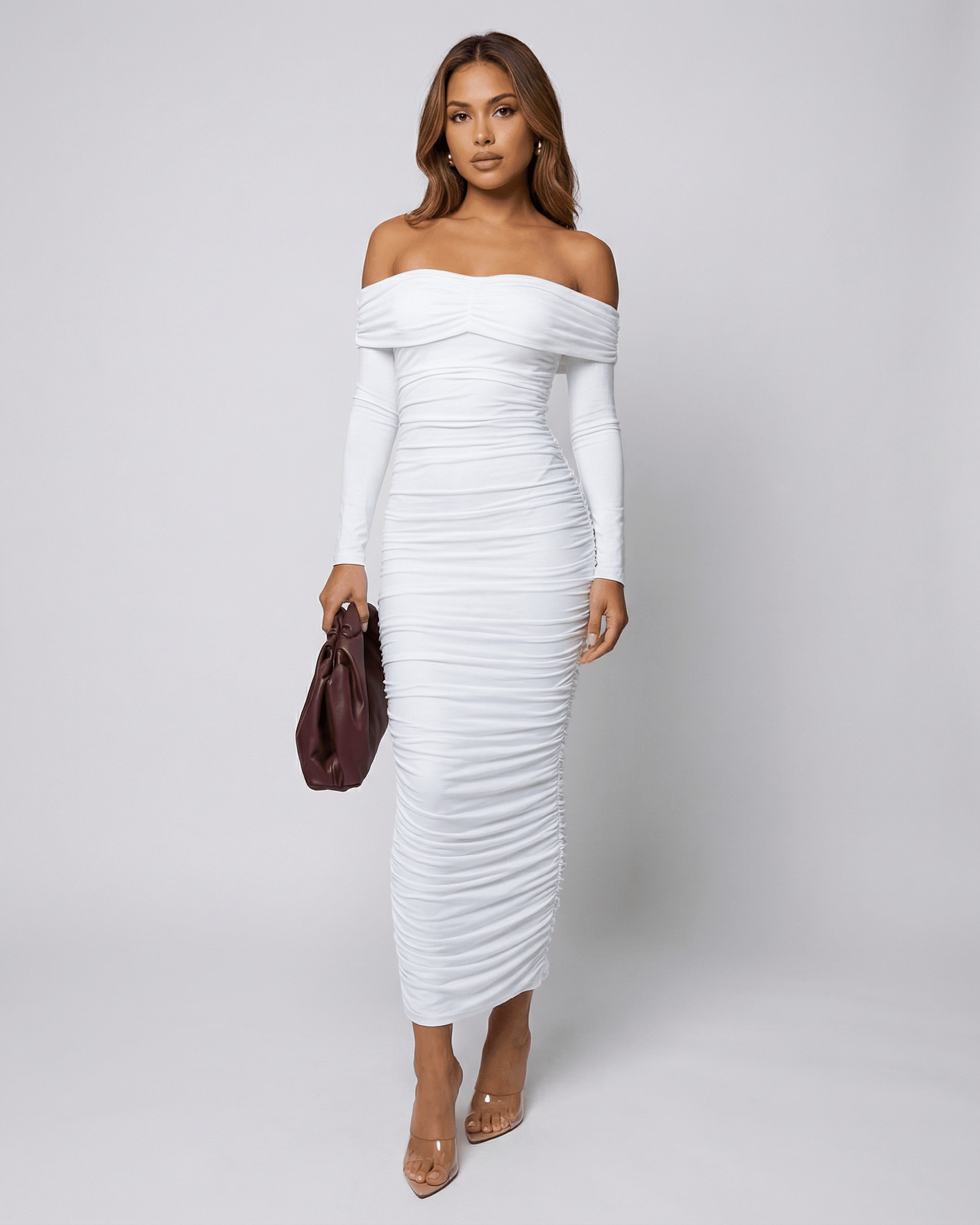 Wafu Midi Dress - White off-shoulder dress, ruched design, sophisticated look perfect for special occasions, by RAMBLION.