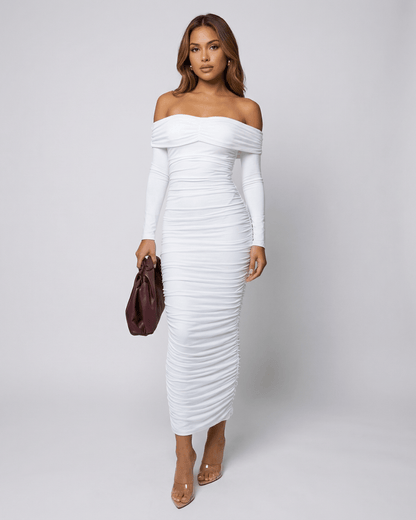 Wafu Midi Dress - White off-shoulder dress, ruched design, sophisticated look perfect for special occasions, by RAMBLION.