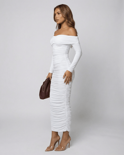 Wafu Midi Dress in white, off-shoulder design, elegant fit, perfect for special occasions, by RAMBLION.