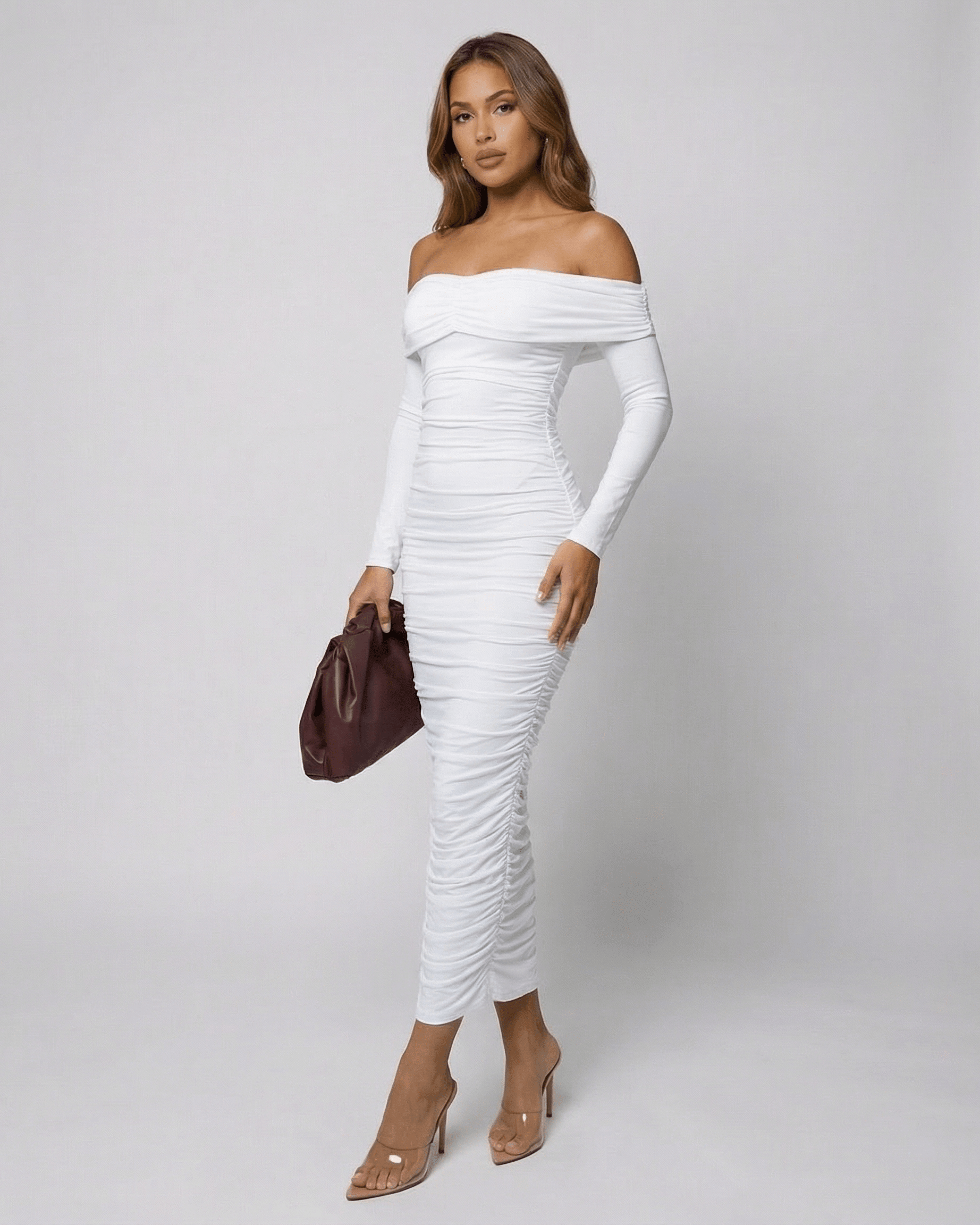Wafu Midi Dress featuring off-shoulder style and ruched detailing, perfect for elegant occasions, by RAMBLION.