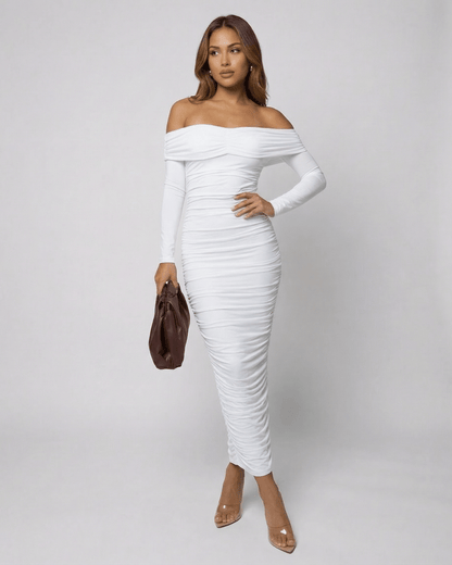 Wafu Midi Dress in white, featuring off-shoulder design, long sleeves, and elegant silhouette by RAMBLION for special occasions.