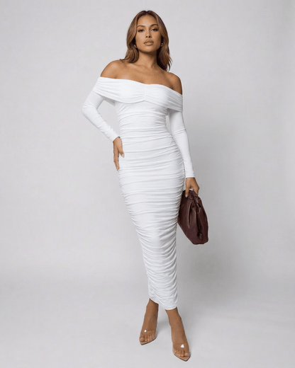 Wafu Midi Dress, off-shoulder design, fitted, elegant look, perfect for special occasions, RAMBLION brand.