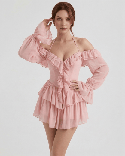 Waga Mini Dress in pink with ruffle detailing, perfect for romantic occasions, by RAMBLION, crafted from 100% Polyester Satin.