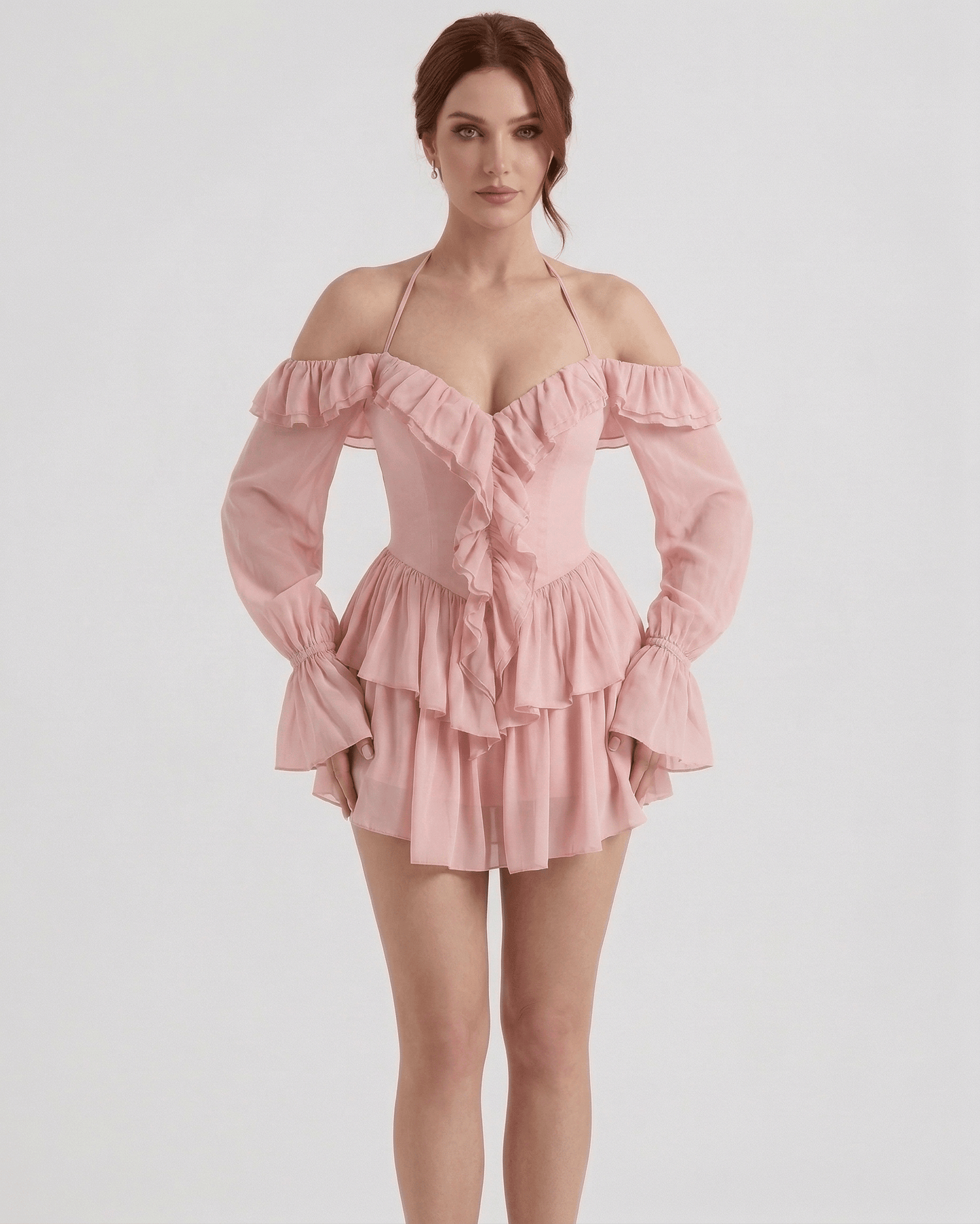 Waga Mini Dress by RAMBLION, pink satin dress with ruffle details, perfect for romantic occasions.
