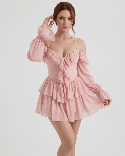 Waga Mini Dress in pink satin with ruffles, perfect for romantic occasions, by RAMBLION.